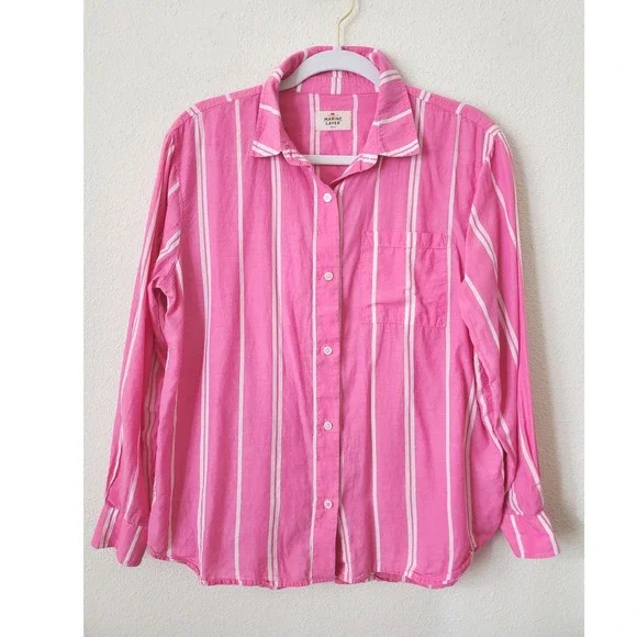 MARINE LAYER Pink White Stripe Button Down Shirt Relaxed Fit Women's‎ Small - Picture 10 of 11